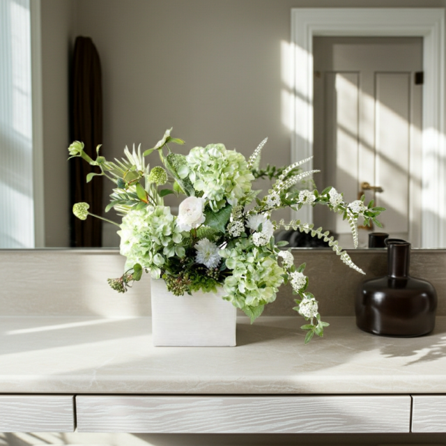 【造花・和モダン・和風アレンジメント】紫陽花と小手毬のジャパニーズモダンアレンジメント