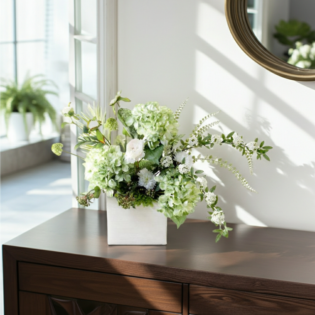 【造花・和モダン・和風アレンジメント】紫陽花と小手毬のジャパニーズモダンアレンジメント