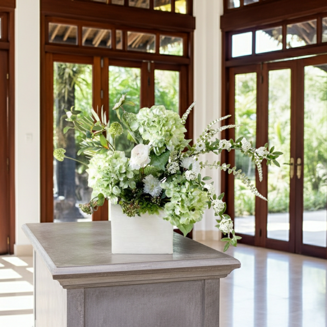 【造花・和モダン・和風アレンジメント】紫陽花と小手毬のジャパニーズモダンアレンジメント