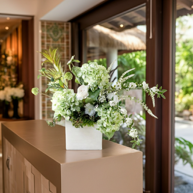 【造花・和モダン・和風アレンジメント】紫陽花と小手毬のジャパニーズモダンアレンジメント