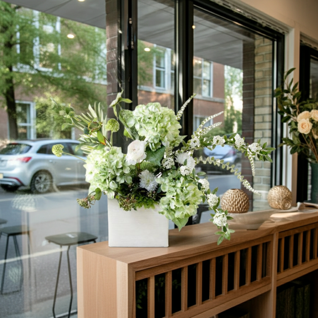 【造花・和モダン・和風アレンジメント】紫陽花と小手毬のジャパニーズモダンアレンジメント