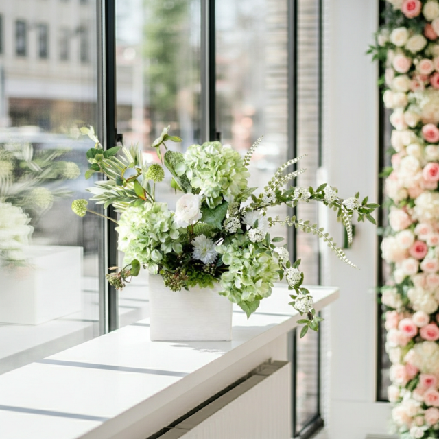 【造花・和モダン・和風アレンジメント】紫陽花と小手毬のジャパニーズモダンアレンジメント