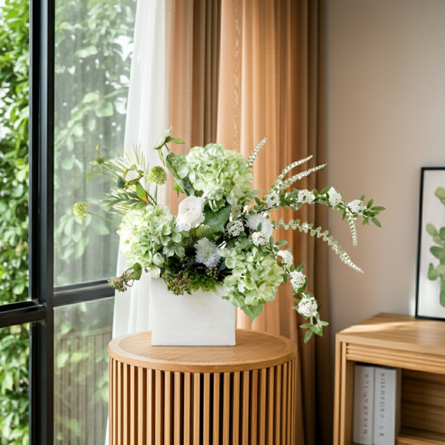 【造花・和モダン・和風アレンジメント】紫陽花と小手毬のジャパニーズモダンアレンジメント