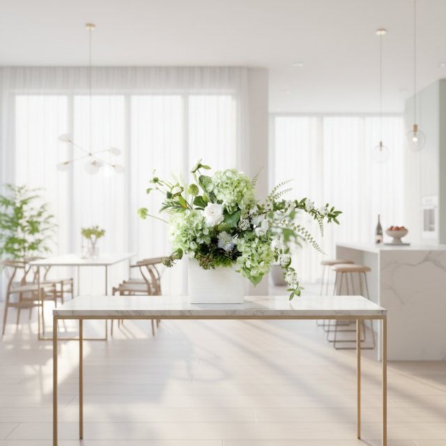 【造花・和モダン・和風アレンジメント】紫陽花と小手毬のジャパニーズモダンアレンジメント