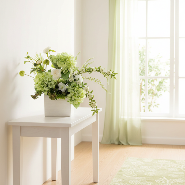 【造花・和モダン・和風アレンジメント】紫陽花と小手毬のジャパニーズモダンアレンジメント