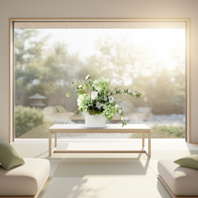 【造花・和モダン・和風アレンジメント】紫陽花と小手毬のジャパニーズモダンアレンジメント