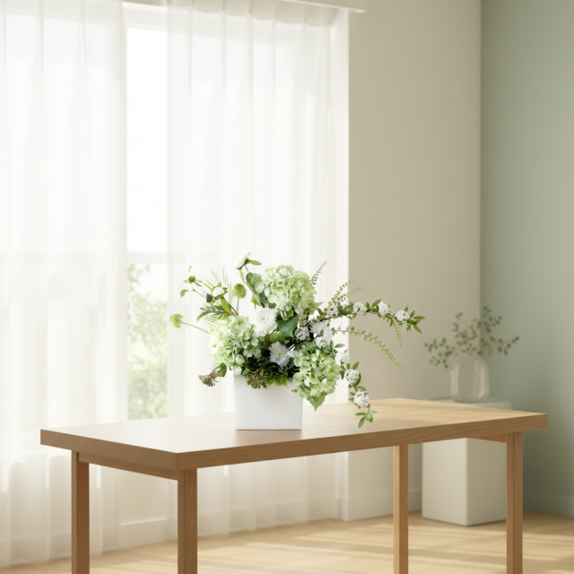 【造花・和モダン・和風アレンジメント】紫陽花と小手毬のジャパニーズモダンアレンジメント