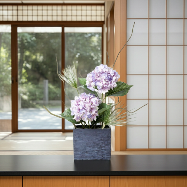【造花・和モダン・和風アレンジメント】紫陽花とパピルスのジャパニーズモダンアレンジメント