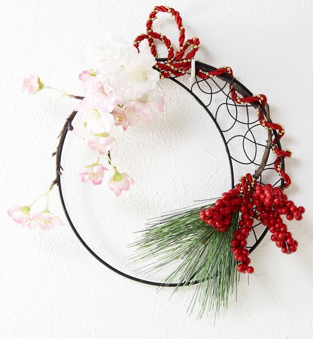 【造花のお正月飾り・和風壁掛け・ハンギングアレンジ】福来