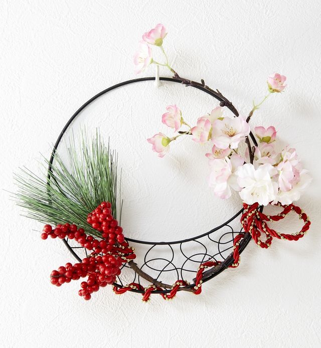 【造花のお正月飾り・和風壁掛け・ハンギングアレンジ】福来