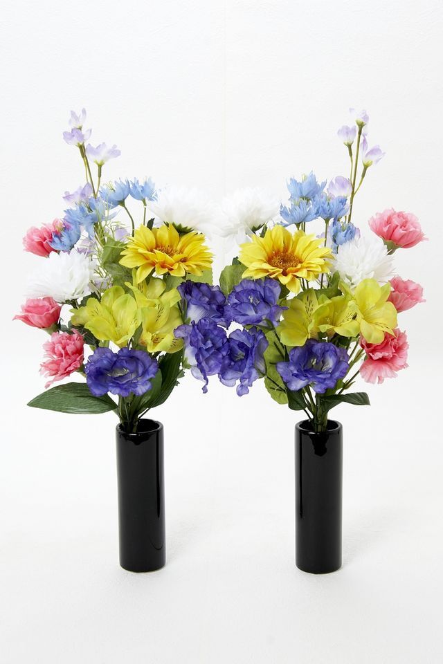 【アーティフィシャルフラワー・造花 お墓・お仏壇向け仏花・供花】向日葵とアルストロメリアの洋風供花（左右１対セット）