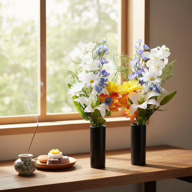 【造花・アーティフィシャルフラワー 仏花・供花・墓花】ガーベラやユリの供花（左右１対セット）
