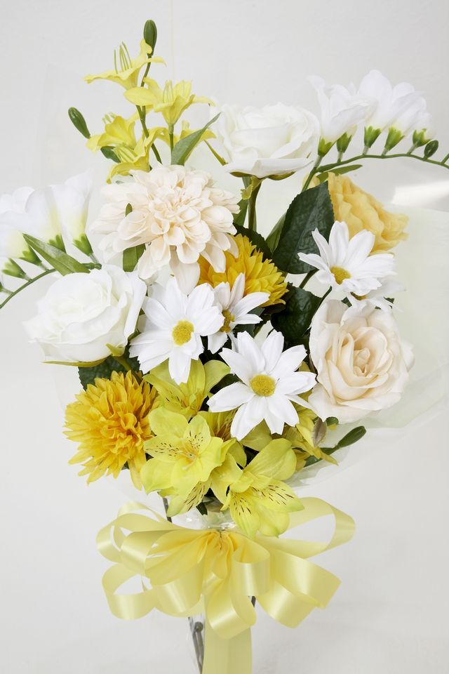 【贈答・贈呈用花束・造花花束・花束ギフト】バラとフリージアとマーガレットのアーティフィシャルフラワーブーケ/ジャンブリアン