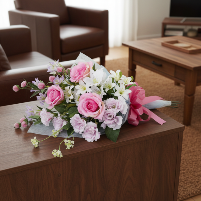 【贈答・贈呈用花束・造花花束・花束ギフト】バラとトルコキキョウとアルストロメリアのアーティフィシャルフラワーブーケ