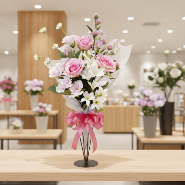 【贈答・贈呈用花束・造花花束・花束ギフト】バラとトルコキキョウとアルストロメリアのアーティフィシャルフラワーブーケ