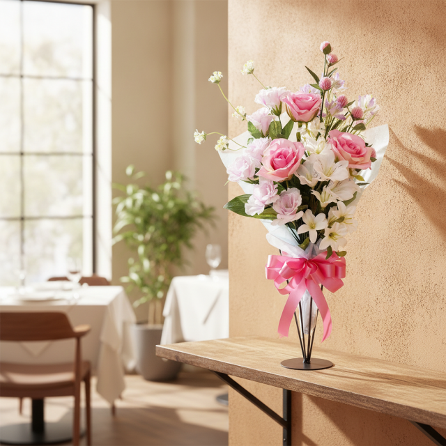 【贈答・贈呈用花束・造花花束・花束ギフト】バラとトルコキキョウとアルストロメリアのアーティフィシャルフラワーブーケ