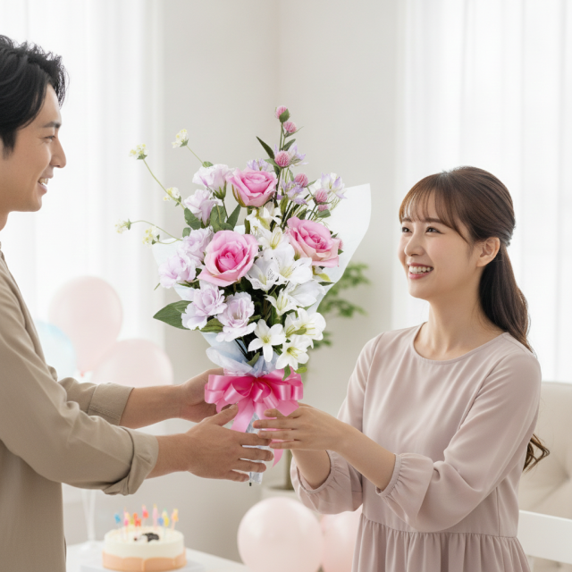 【贈答・贈呈用花束・造花花束・花束ギフト】バラとトルコキキョウとアルストロメリアのアーティフィシャルフラワーブーケ