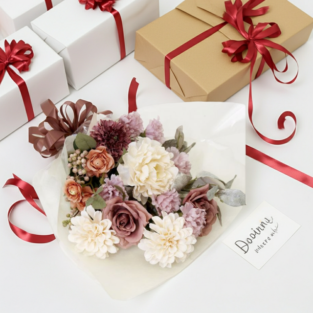 【贈答・贈呈用花束・造花花束・花束ギフト】バラとピオニーとカーネーションのアーティフィシャルフラワーブーケ/ダスティーローズ