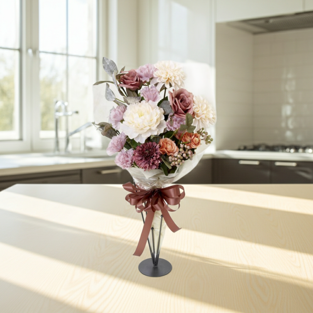 【贈答・贈呈用花束・造花花束・花束ギフト】バラとピオニーとカーネーションのアーティフィシャルフラワーブーケ/ダスティーローズ