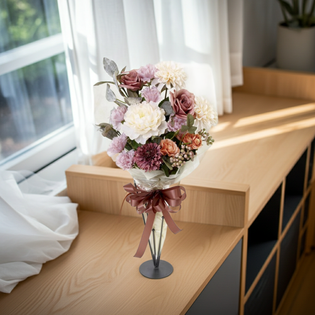 【贈答・贈呈用花束・造花花束・花束ギフト】バラとピオニーとカーネーションのアーティフィシャルフラワーブーケ/ダスティーローズ