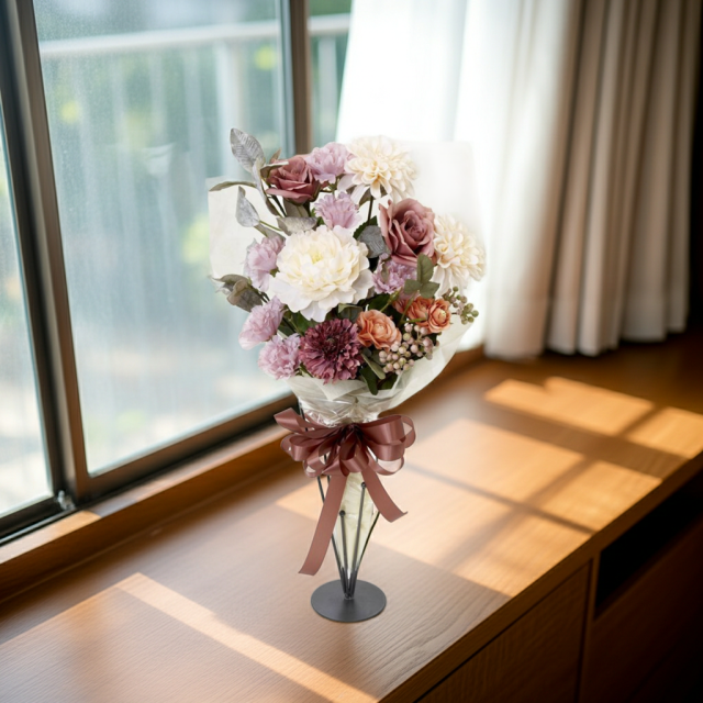 【贈答・贈呈用花束・造花花束・花束ギフト】バラとピオニーとカーネーションのアーティフィシャルフラワーブーケ/ダスティーローズ