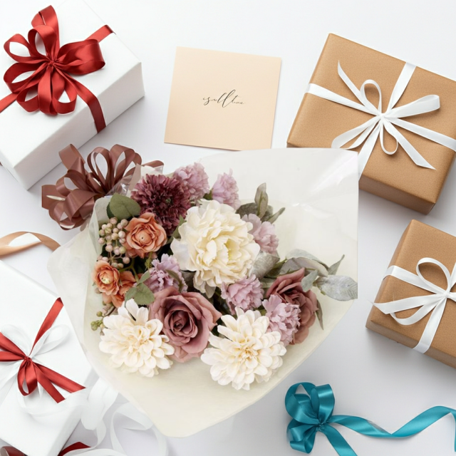 【贈答・贈呈用花束・造花花束・花束ギフト】バラとピオニーとカーネーションのアーティフィシャルフラワーブーケ/ダスティーローズ