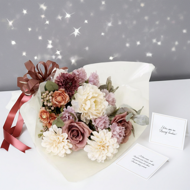 【贈答・贈呈用花束・造花花束・花束ギフト】バラとピオニーとカーネーションのアーティフィシャルフラワーブーケ/ダスティーローズ