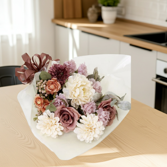 【贈答・贈呈用花束・造花花束・花束ギフト】バラとピオニーとカーネーションのアーティフィシャルフラワーブーケ/ダスティーローズ