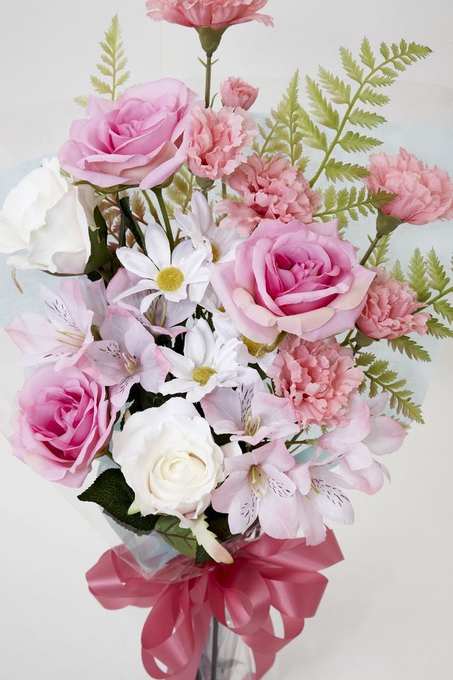 【贈答・贈呈用花束・造花花束・花束ギフト】バラとアルストロメリアとカーネーションのアーティフィシャルフラワーブーケ