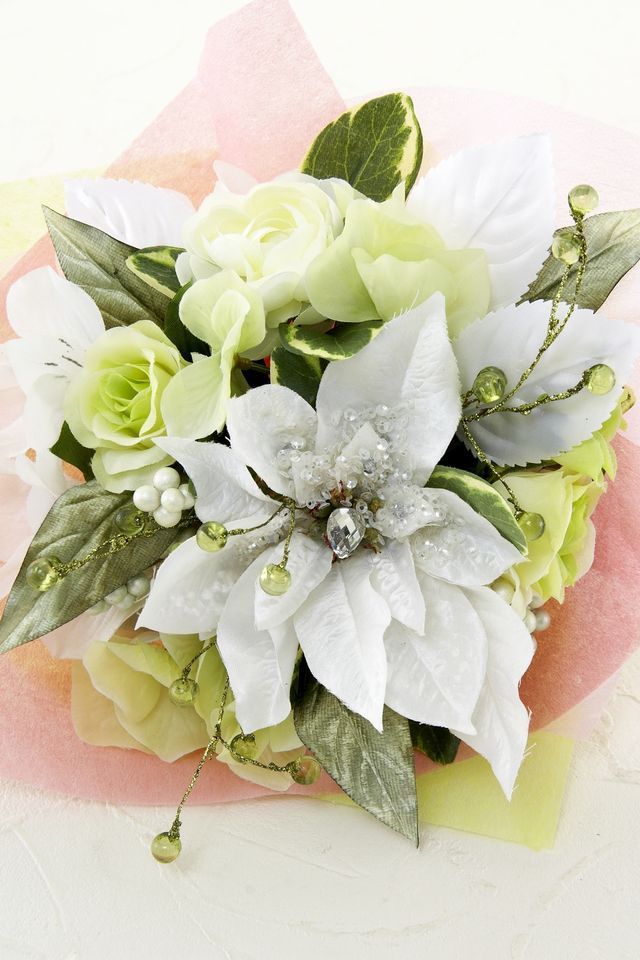 【造花・アーティフィシャルフラワー花束&トスブーケ】バラとアルストロメリアのブーケ/ホワイトグリーン 【造花花束&トスブーケ/2wayタイプ】バラとアルストロメリアのブーケ/ホワイトグリーン