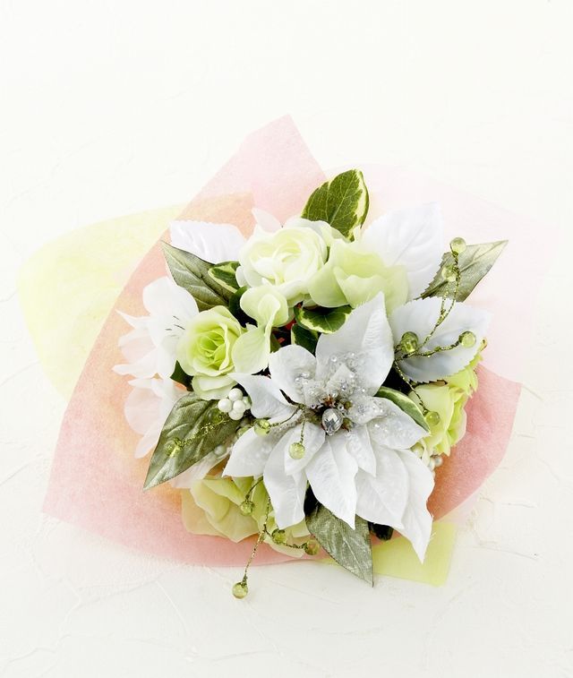造花花束 トスブーケ 2wayタイプ バラとアルストロメリアのブーケ ホワイトグリーン 造花 アートフラワーの通販店 あーとみゆき