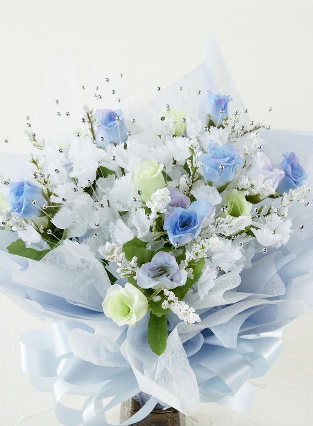 アーティフィシャルフラワーブーケ 高級造花 ホワイトピンク＆ブルー 造花・アーティフィシャルフラワー花束】ローズガーデンシリーズ｜ミニ