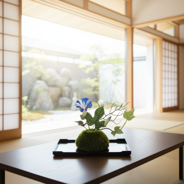 【造花 観葉植物 インテリアグリーン】こけ玉 ジャパーニーズモダンS（下皿付き）