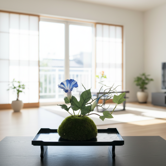 【造花 観葉植物 インテリアグリーン】こけ玉 ジャパーニーズモダンS（下皿付き）