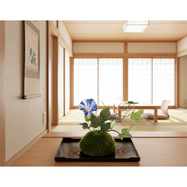 【造花 観葉植物 インテリアグリーン】こけ玉 ジャパーニーズモダンS（下皿付き）