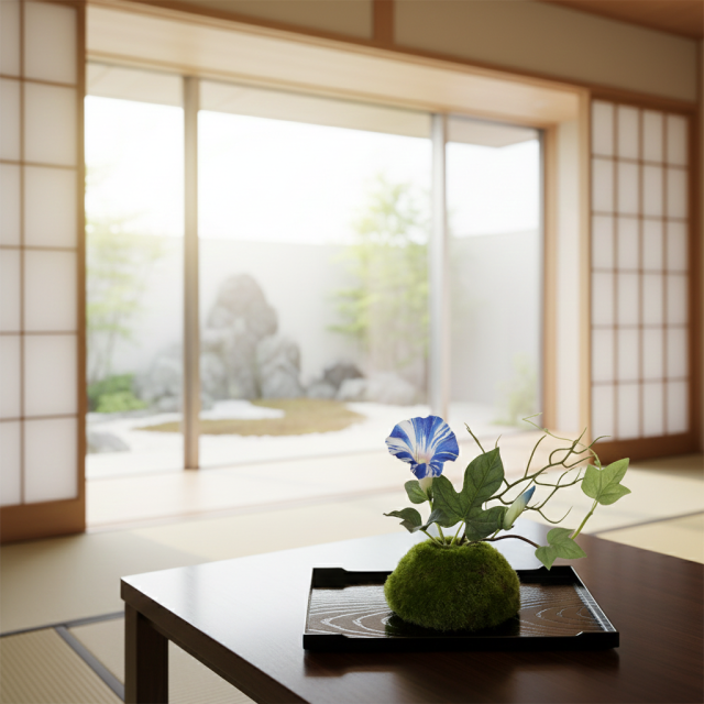 【造花 観葉植物 インテリアグリーン】こけ玉 ジャパーニーズモダンS（下皿付き）