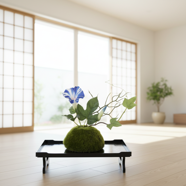 【造花 観葉植物 インテリアグリーン】こけ玉 ジャパーニーズモダンS（下皿付き）