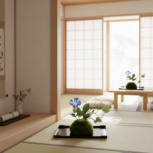 【造花 観葉植物 インテリアグリーン】こけ玉 ジャパーニーズモダンS（下皿付き）