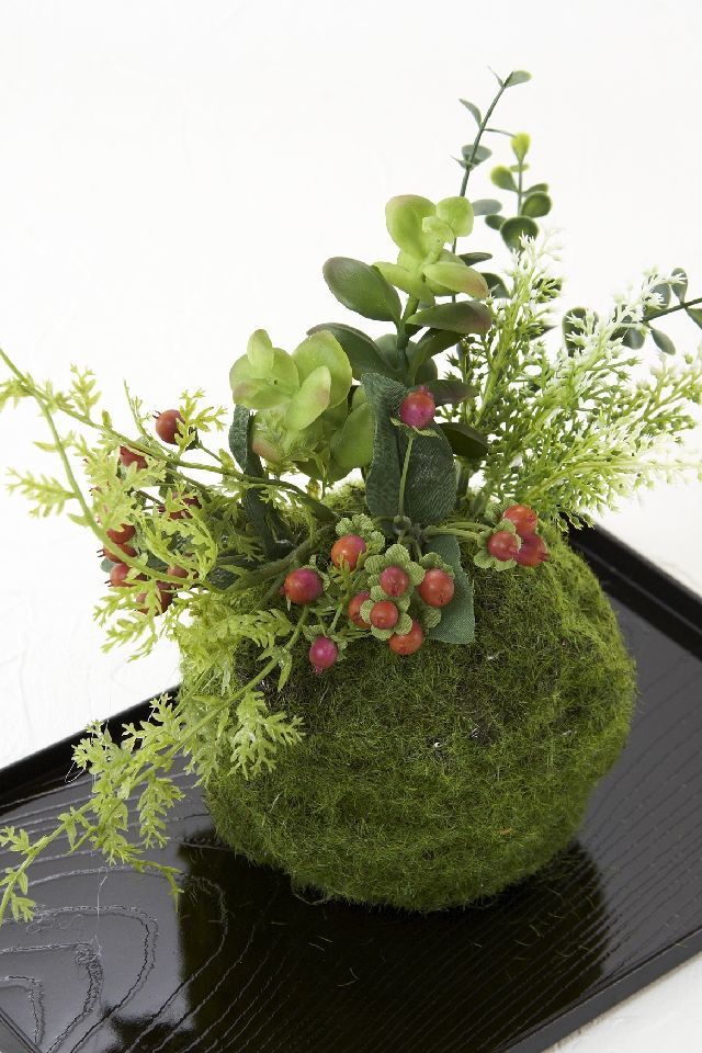 【造花 観葉植物 インテリアグリーン】こけ玉 ジャパーニーズモダンU（下皿付き）