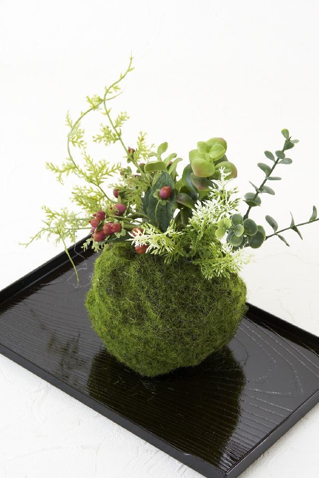 【造花 観葉植物 インテリアグリーン】こけ玉 ジャパーニーズモダンU（下皿付き）