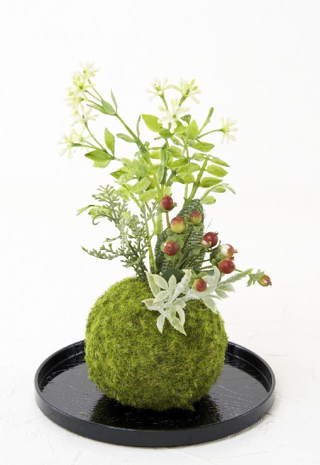 【造花 観葉植物 インテリアグリーン】こけ玉 和アレンジＧ（下皿付き）