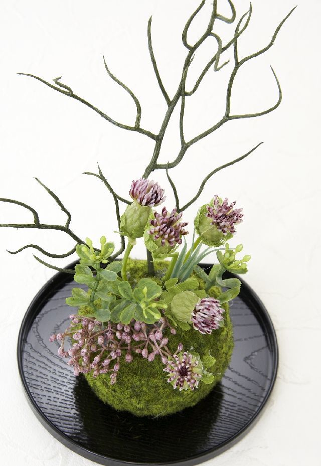 【造花 観葉植物 インテリアグリーン】こけ玉 和アレンジＨ（下皿付き）