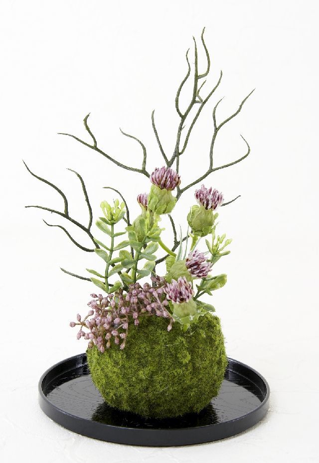 【造花 観葉植物 インテリアグリーン】こけ玉 和アレンジＨ（下皿付き）