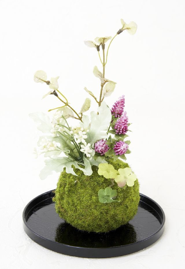 【造花 観葉植物 インテリアグリーン】こけ玉 和アレンジＩ（下皿付き）