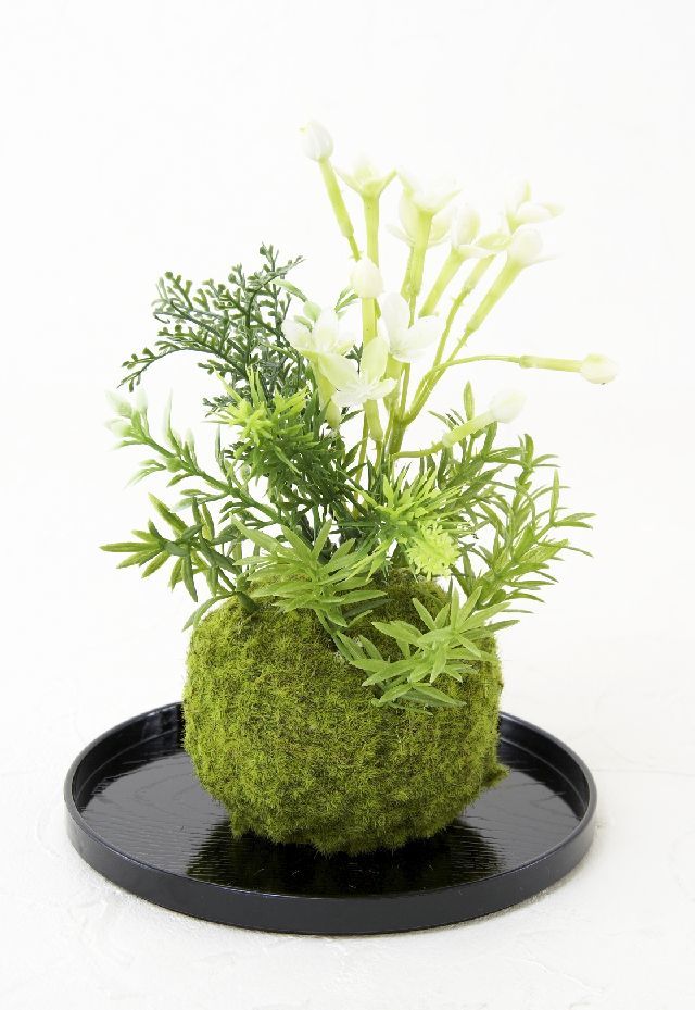 【造花 観葉植物 インテリアグリーン】こけ玉 和アレンジＪ（下皿付き）