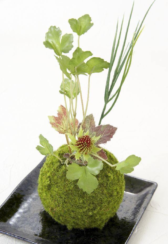 【造花 観葉植物 インテリアグリーン】こけ玉 和アレンジＰ（下皿付き）