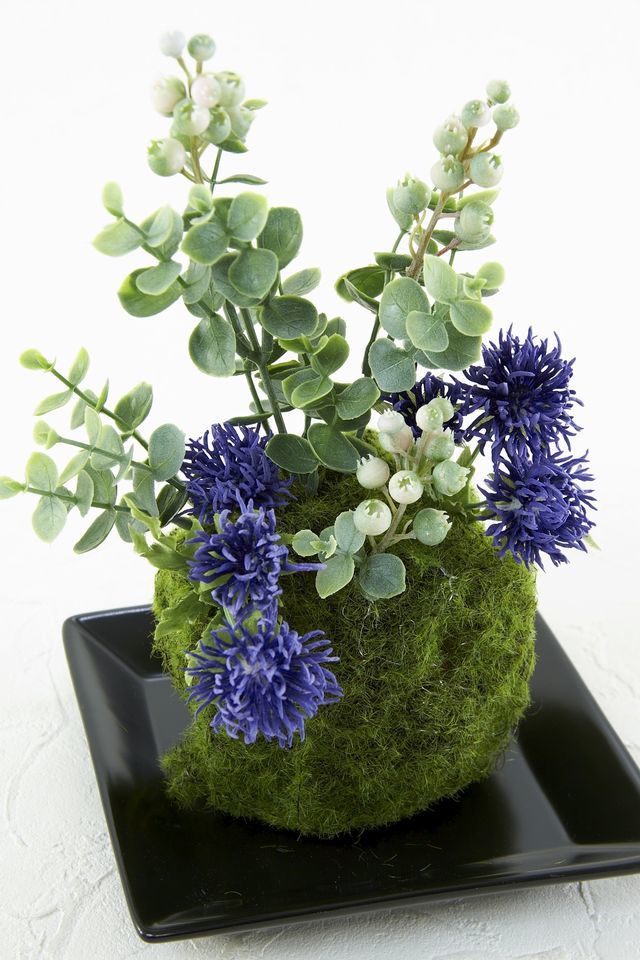 【造花 観葉植物 インテリアグリーン】苔玉 和風アレンジ6（下皿付き）