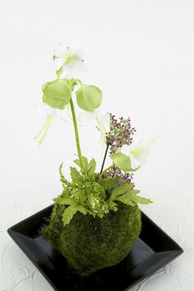 【造花 観葉植物 インテリアグリーン】苔玉 和風アレンジ7（下皿付き）