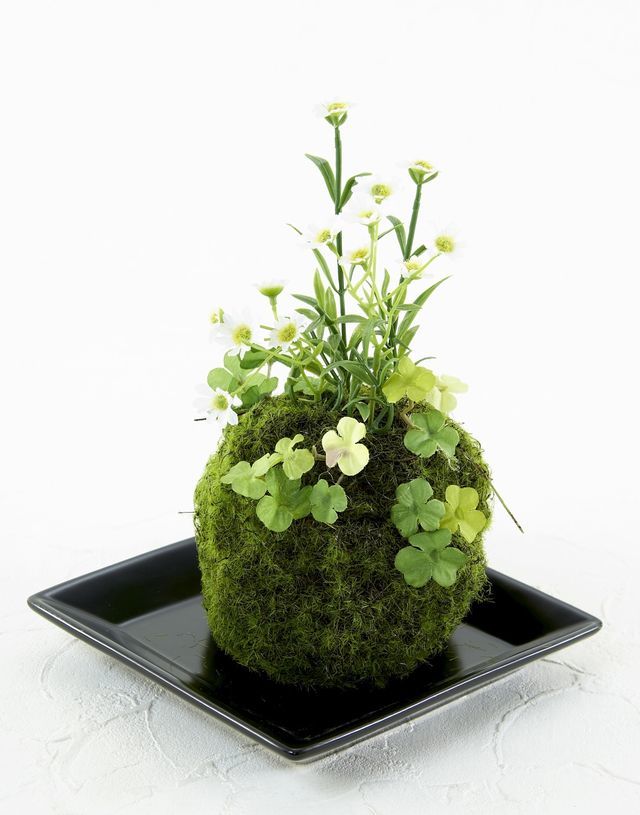 【造花 観葉植物 インテリアグリーン】苔玉 和風アレンジ8（下皿付き）