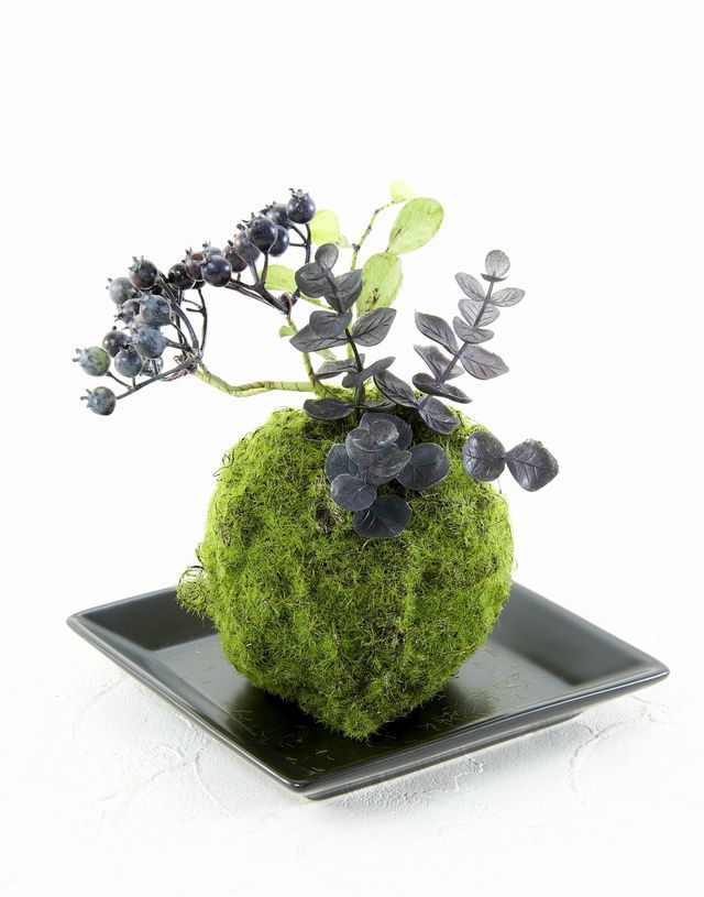 【造花 観葉植物 インテリアグリーン】苔玉 和風アレンジ13（下皿付き）